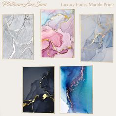 four different marble prints with gold leaf accents