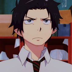 an anime character with black hair and blue eyes wearing a shirt and tie, staring at the camera