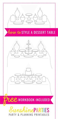 a table that has some cakes on it and the words, free workbook included party & planning printables