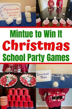 a collage of christmas party games with the words, minute to win it christmas school party games