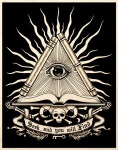 an all seeing triangle with skulls on it and the eye in the center is surrounded by flames