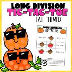 an orange pumpkin themed fall themed long division game with the words tic - tac - toe