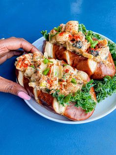 a plate with some food on it and two hands holding the sandwich up to the camera