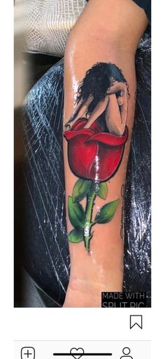 a woman with a rose tattoo on her arm