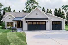 a two car garage sits in front of a white house with black doors and windows