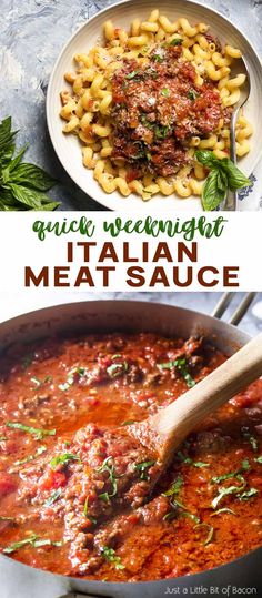 two pictures showing different types of pasta and meat sauce with the words quick, delicious italian meat sauce