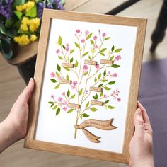 a person holding up a framed artwork with flowers and ribbons on it in front of a potted plant