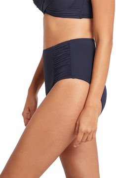 Rippled side ruching textures these shapely high-waist swim bottoms that complement your best poolside look. Moderate back coverage Powermesh lining 85% recycled nylon, 15% elastane Hand wash, dry flat Imported Beachwear Bottoms With Ruched Sides For Swimming, Ruched Bottoms For Pool And Beach Season, Ruched Bottoms For Beach Season, Blue Ruched Swimming Bottoms, High Waist Ruched Swimwear For Swimming, High-waist Ruched Swimwear, Solid Ruched Swim Skirt For Poolside, Ruched Solid Swim Skirt For Poolside, Ruched Solid Color Swim Skirt For Poolside