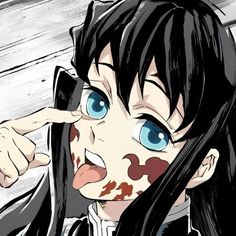 an anime character with blue eyes and long black hair pointing to her left side while looking at the camera