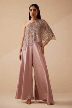 Buy Pink Silk Cowl Asymmetric Draped Tunic And Pant Set For Women by Rajdeep Ranawat Online at Aza Fashions. Palazzo And Blouse, Asymmetric Blouse, Sequins Blouse, Purple Weave, Set Saree, Saree Gown, Draped Blouse, Asymmetrical Blouse