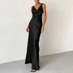 Lasaky - Professional Product Title: Elegant Black Satin High-waisted Midi Dress with Draped Neckline and Backless Design - Perfect for Prom and Formal Events Dresses For Formal Events, Black Collared Dress, Satin Formal Dress, Black Backless Dress, Ice Dresses, Suspender Dress, Mua Sắm, Women Long Dresses, Party Dress Long