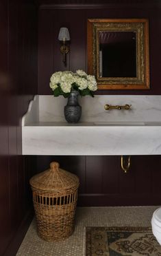 Our Modern Cottage Powder Room Reveal — Your Site Title Penny Tile Powder Room, Brown Penny Tile, Floating Marble Vanity, Floating Marble Sink, Burgundy Paint Colors, Wildflower Home, Penny Tile Floors, Workers Cottage