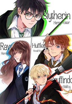 the four main characters in harry potter's school uniform, with their name on them