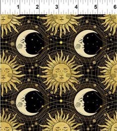 the sun and moon are depicted in this black and gold fabric with an intricate design