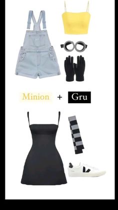 an image of clothes and accessories that are in the style of minion, gru