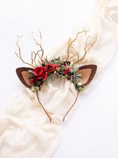 This beautiful red antler headband is a lovely accessory, perfect for a party or photo session. Our stunning faux flowers look like the real. I was inspired by nature and natural color for this antler headband. Also, you are welcome to order custom composition, because I know how it is important to have everything perfect for your important event. Size: Adjustable to fit both kids and adults Materials: faux flowers + Beautiful high-quality materials + 100% handmade + All items will be made to or Deer Antlers Headband, Deer Ears, Antler Christmas, Deer Horns, Rustic Boutonniere, Antler Headband, Halloween Flowers, Red Headband, Bridal Flower Crown