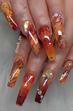 Fall Marble Nail Designs, Nail Vibes, Hand Nails, Fall Acrylic, Brown Acrylic, Floral Nail