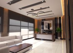 a living room filled with white furniture and lots of windows covered in shades on the ceiling