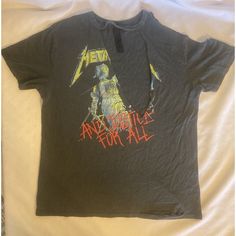 Metallica And Justice For All 1988 Topshop T-Shirt Distressed Size Large Purposely Distressed, 100% Cotton. Approx. Measurements Laying Flat: Armpit To Armpit: 22" Shoulder To Bottom Hem: 28" New Without Tags. Please See All Pictures As They Are Part Of The Description. You Will Receive The Actual Item Pictured. Acid Wash Slogan Top For Streetwear, Acid Wash Letter Print Grunge Tops, Punk Style Tops With Logo Print And Relaxed Fit, Punk Style Relaxed Fit Top With Logo Print, Acid Wash Casual Tops With Logo Print, Alternative Slogan Crew Neck Top, Distressed Grunge Crew Neck Top, Casual Acid Wash Tops With Logo Print, Alternative Short Sleeve Tops With Letter Print