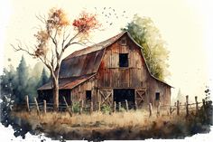 watercolor painting of an old barn in the country