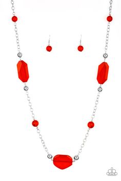 A collection of glassy red beads, shiny silver beads, and oversized faceted crystal-like beads trickle along a shimmery silver chain across the chest for a whimsically refined look. Features an adjustable clasp closure. Sold as one individual necklace. Includes one pair of matching earrings. P2WH-RDXX-257XX Red Necklace Set, Paparazzi Accessories Jewelry, Red Beads, Red Necklace, Red Jewelry, Crystal Accessories, Paparazzi Accessories, Inspired Jewelry, Crystal Charm