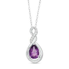 Shine vividly with this resplendent gemstone teardrop pendant. Crafted in cool 10K white gold, this elegant style features a 7.0 x 5.0mm pear-shaped bright purple amethyst embraced by polished and diamond-accented cascading-style ribbons. Buffed to a brilliant luster, this pendant suspends along an 18.0-inch rope chain that secures with a spring-ring clasp. Formal Teardrop Amethyst Necklace, Formal Teardrop Pendant Drop Necklace With Gemstone, Teardrop Amethyst Necklace For Formal Occasions, Purple Pear-shaped Elegant Jewelry, Elegant Purple Pear Shaped Jewelry, Diamond Teardrop Necklaces With Gemstone Accents, Diamond Teardrop Necklace With Gemstone Accents, Teardrop Diamond Necklace With Gemstone Accents, Teardrop Birthstone Necklace For Anniversary