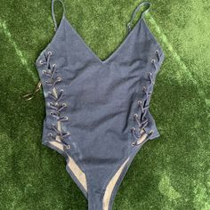 Brand New, Only Worn Once, Blue Lace Up, Denim Looking Bodysuit Summer High Waisted Bodysuit For Day Out, High Waist Bodysuit For Summer Day Out, Summer High-waist Bodysuit For Day Out, Summer Denim Stretch Bodysuit, Summer Stretch Denim Bodysuit, Casual High Waist Bodysuit For Summer, Forever 21 Spring Beach Bodysuit, Spring Beach Bodysuit By Forever 21, Forever 21 Swimwear For Spring