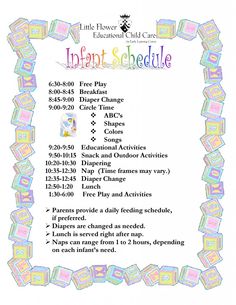 a flyer for the infant schedule