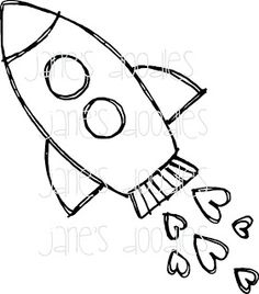 a black and white drawing of a rocket ship flying through the air with hearts around it