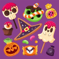 a collection of halloween treats on a purple background