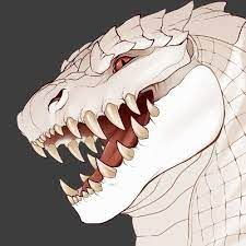 a white dragon with its mouth open and sharp teeth, it's head slightly turned to the side