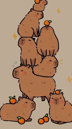 a group of bears sitting on top of each other in front of an orange tree