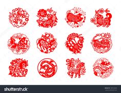 red paper cut designs with animals and flowers in the shape of circles on white background