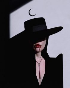 a woman wearing a black hat with blood on her face and red lipstick, standing in front of a white wall