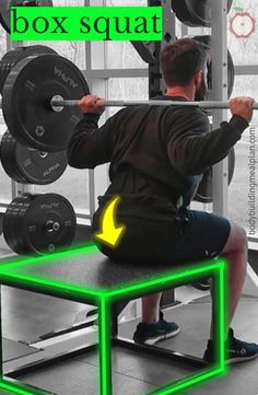 a man squats on a bench with a barbell in front of his back