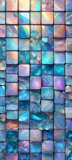 an abstract background made up of blue and purple tiles with different colors on them, all in