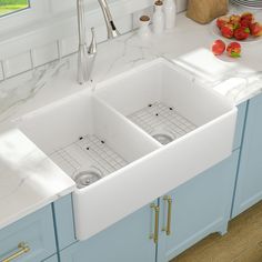 two white sinks in a kitchen with blue cabinets