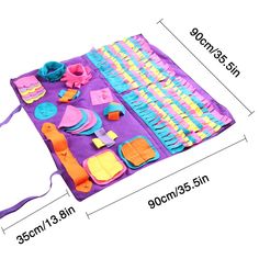 an assortment of toys are displayed on a purple mat with measurements for each item and the size