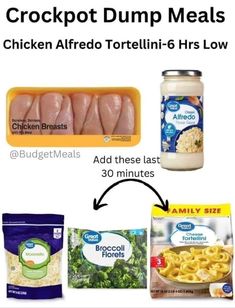 the ingredients for crockpot dump meats are shown in this diagram, including chicken alfredo tortelli - 6 hrs low