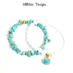 NEW "Penny" Ladies Pretty Semi Precious Turquoise & White Jade Summer Bracelet Set Bracelet 1 6mm Semi Precious White Malaysian Jade Round Beads 4mm Faceted Gold Brass Spacer Beads 10mm Faceted Semi Precious Turquoise Charm Stretch Design Bracelet 2 5-7mm Approx Semi Precious Turquoise chip Beads Both Supplies as a Set Made to stack together for a Perfect Summer Look! INTERNATIONAL ORDERS IF YOU REQUIRE TRACKING PLEASE CHOOSE EXPRESS POSTAGE AT CHECKOUT FROM DROP DOWN MENU! Turquoise Howlite Beaded Bracelets As A Gift, Turquoise Howlite Gemstone Beads Bracelets, Turquoise Howlite Bracelets With Natural Stones, Turquoise Natural Stone Bracelets, Bracelets Summer, Chip Bracelet, Turquoise Charm, Summer Bracelet, Set Bracelet