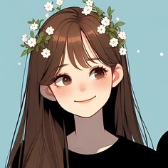 a girl with long brown hair wearing a flower crown on her head and black shirt