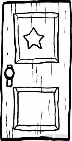 a black and white drawing of a door with a star on it