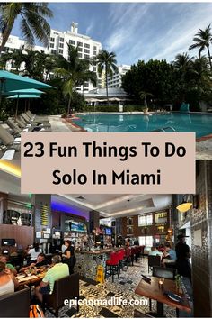 Photo collage of the inviting blue pool in a luxury hotel on Miami Beach, and a charming colorful restaurant full of happy people