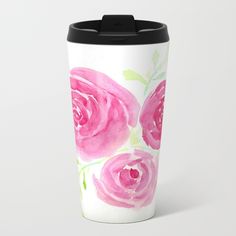 a watercolor painting of pink roses on a white ceramic travel mug with black lid