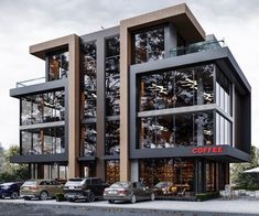 an artist's rendering of a coffee shop with cars parked in front