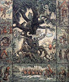 the tree of life is depicted in this medieval style painting, which depicts an image of people and animals