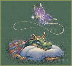 a painting of a dragon laying on top of a pillow with a butterfly flying above it