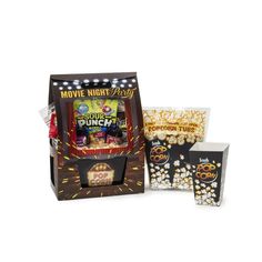 the movie night party popcorn gift bag is shown with two bags and one box filled with popcorn