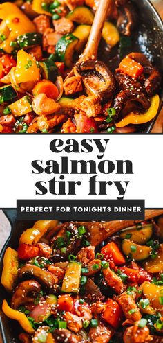 an easy salmon stir fry recipe in a skillet with the title overlay reading easy salmon stir fry perfect for tonight's dinner