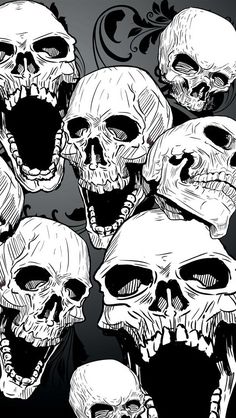 a bunch of skulls with their mouths open